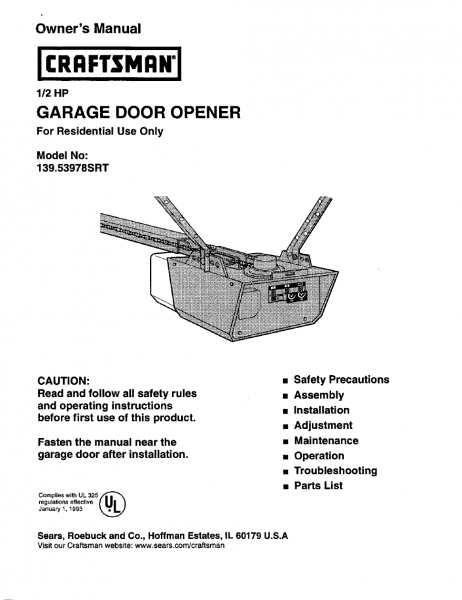 Sears Garage Door Opener Manual 1 2 Hp